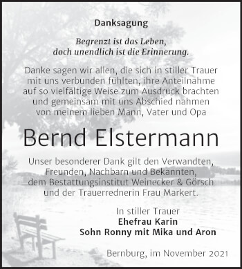Traueranzeige von Bernd Elstermann von Trauerkombi Bernburg
