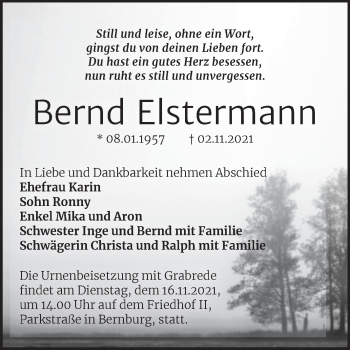 Traueranzeige von Bernd Elstermann von Trauerkombi Bernburg