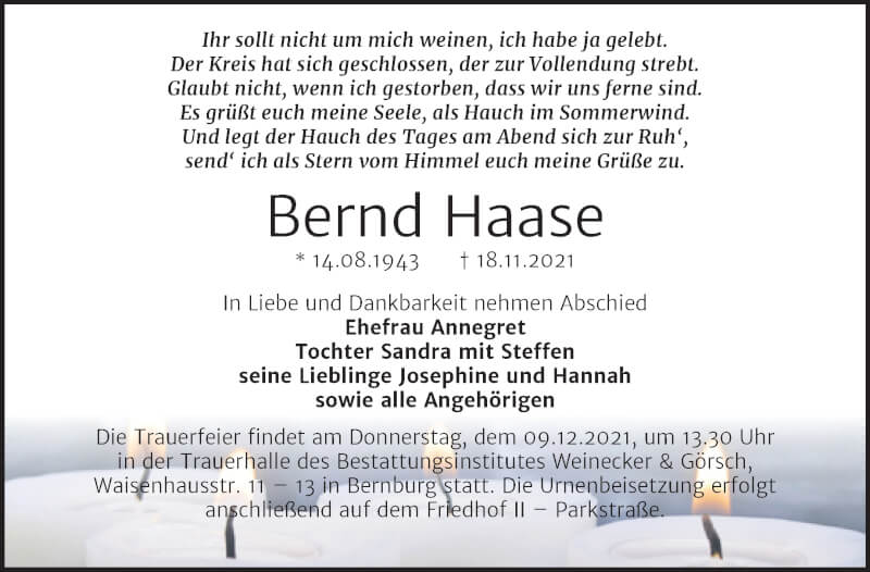  Traueranzeige für Bernd Haase vom 27.11.2021 aus Trauerkombi Bernburg