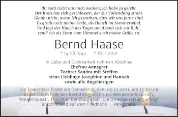 Traueranzeige von Bernd Haase von Trauerkombi Bernburg