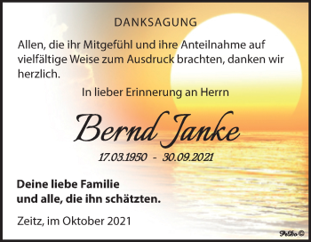 Traueranzeige von Bernd Janke von Trauerkombi Zeitz