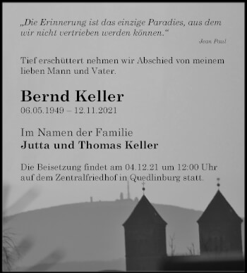 Traueranzeige von Bernd Keller von Trauerkombi Quedlinburg