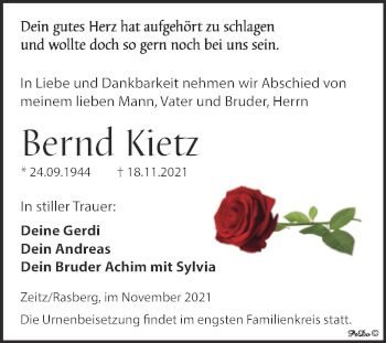 Traueranzeige von Bernd Kietz von Trauerkombi Zeitz