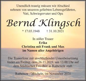 Traueranzeige von Bernd Klingsch von Trauerkombi Merseburg