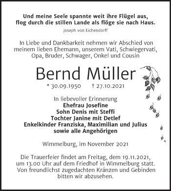Traueranzeige von Bernd Müller von Trauerkombi Mansfelder Land