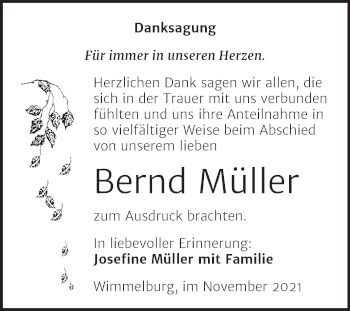 Traueranzeige von Bernd Müller von Trauerkombi Mansfelder Land
