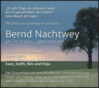 Traueranzeige von Bernd Nachtwey von Trauerkombi Bernburg