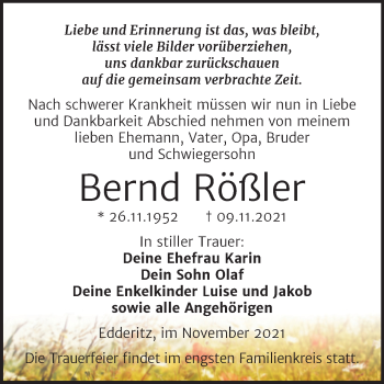 Traueranzeige von Bernd Rößler von Trauerkombi Köthen