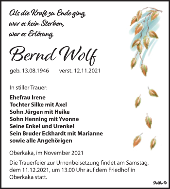 Traueranzeige von Bernd Wolf von Trauerkombi Zeitz