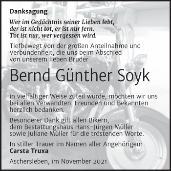 Traueranzeige von Bernd Günther Soyk von Trauerkombi Aschersleben