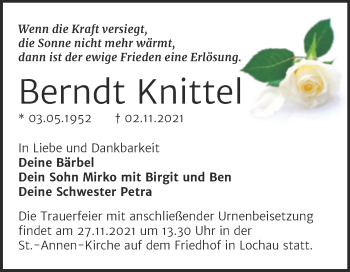 Traueranzeige von Berndt Knittel von Mitteldeutsche Zeitung Halle/Saalkreis