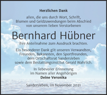 Traueranzeige von Bernhard Hübner von Trauerkombi Mansfelder Land