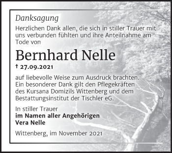 Traueranzeige von Bernhard Nelle von Trauerkombi Wittenberg