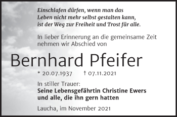 Traueranzeige von Bernhard Pfeifer von Naumburger Tageblatt
