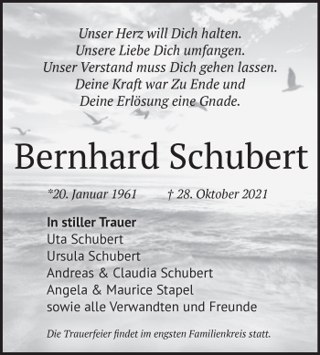 Traueranzeige von Bernhard Schubert von Mitteldeutsche Zeitung Halle/Saalkreis
