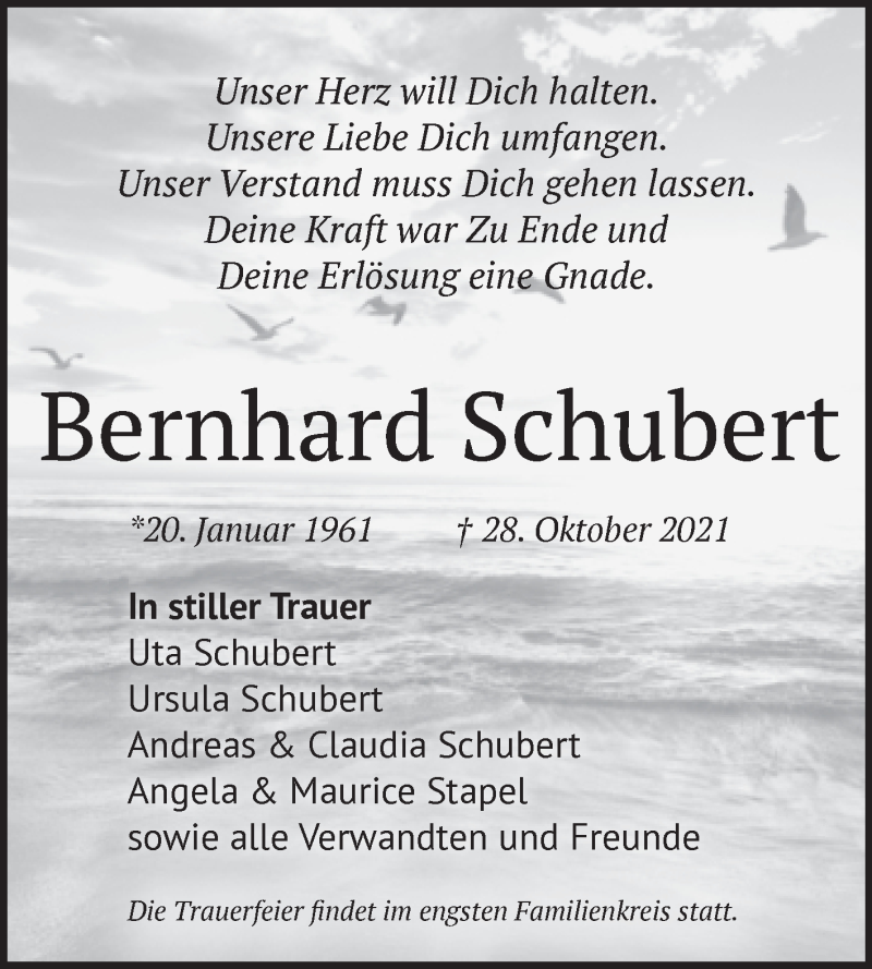  Traueranzeige für Bernhard Schubert vom 06.11.2021 aus Mitteldeutsche Zeitung Halle/Saalkreis