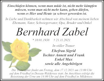 Traueranzeige von Bernhard Zabel von Trauerkombi Dessau
