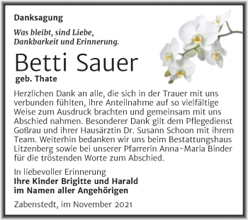 Traueranzeige von Betti Sauer von Trauerkombi Mansfelder Land