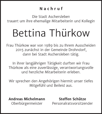 Traueranzeige von Bettina Thürkow von Mitteldeutsche Zeitung Salzlandkreis