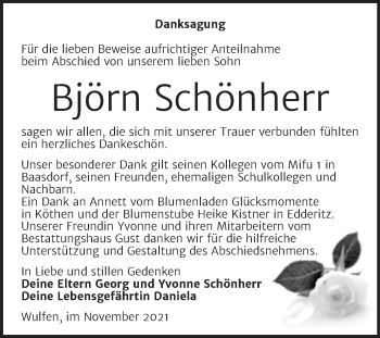 Traueranzeige von Björn Schönherr von Trauerkombi Köthen