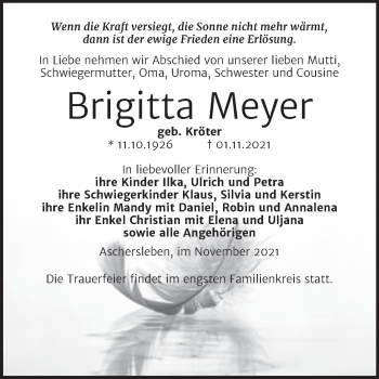 Traueranzeige von Brigitta Meyer von Trauerkombi Aschersleben