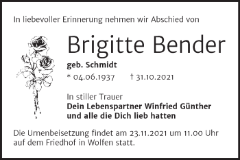 Traueranzeige von Brigitte Bender von Trauerkombi Bitterfeld