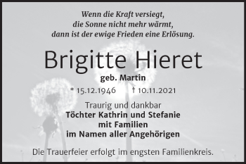 Traueranzeige von Brigitte Hieret von Trauerkombi Bernburg