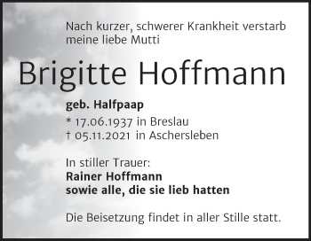 Traueranzeige von Brigitte Hoffmann von Trauerkombi Aschersleben