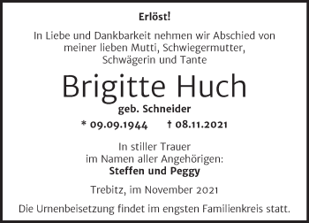 Traueranzeige von Brigitte Huch von Trauerkombi Wittenberg