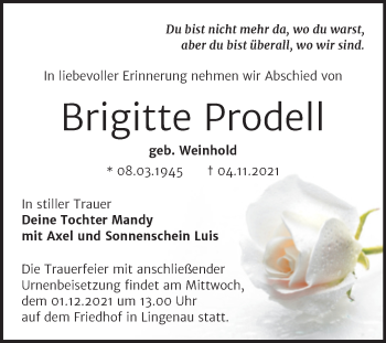 Traueranzeige von Brigitte Prodel von Trauerkombi Bitterfeld
