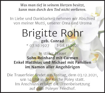 Traueranzeige von Brigitte Rohr von Trauerkombi Bernburg