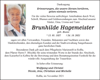 Traueranzeige von Brunhilde Hagemeister von Trauerkombi Sangerhausen