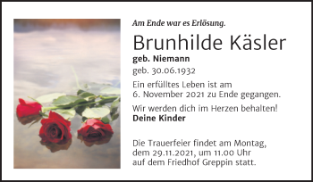 Traueranzeige von Brunhilde Käsler von Trauerkombi Bitterfeld