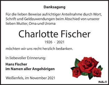 Traueranzeige von Charlotte Fischer von Trauerkombi Weißenfels