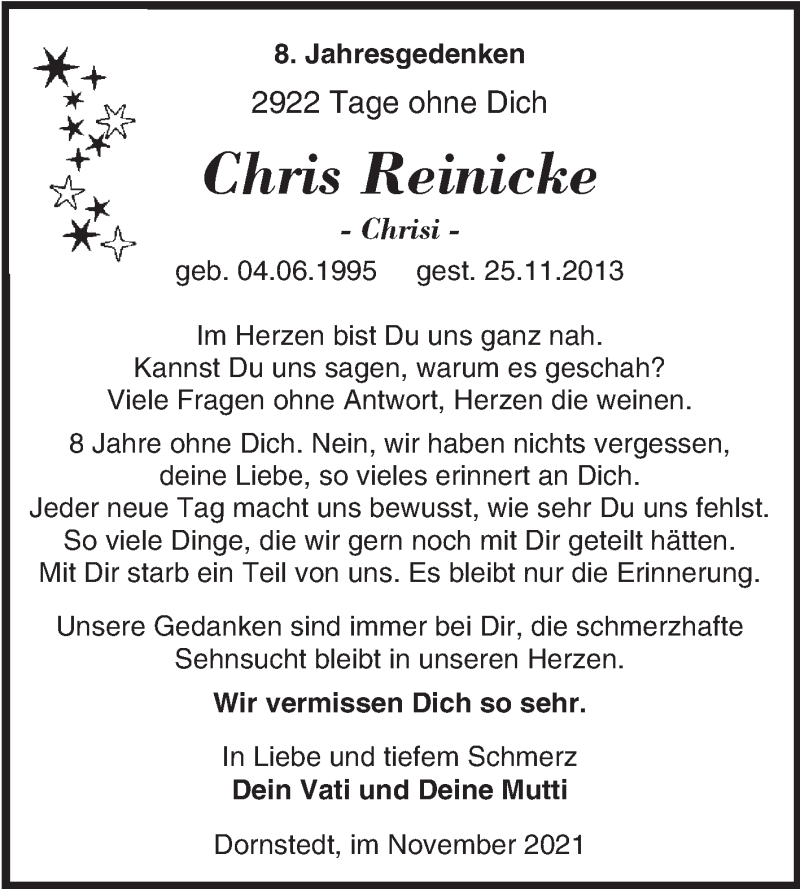  Traueranzeige für Chris Reinicke vom 25.11.2021 aus Mitteldeutsche Zeitung Halle/Saalkreis