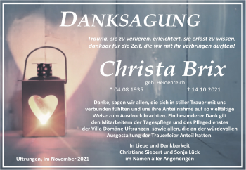 Traueranzeige von Christa Brix von Trauerkombi Sangerhausen