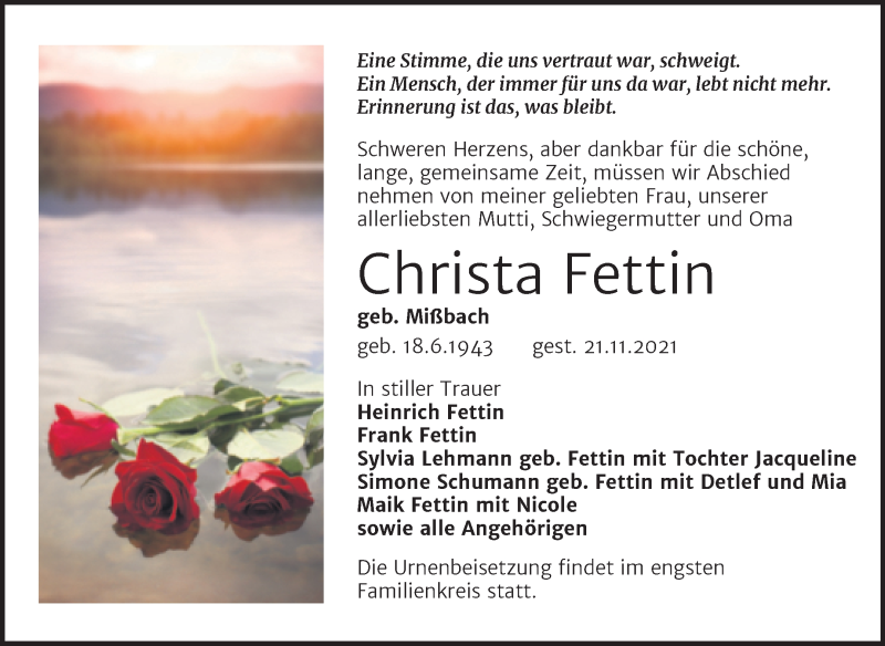  Traueranzeige für Christa Fettin vom 24.11.2021 aus Trauerkombi Köthen