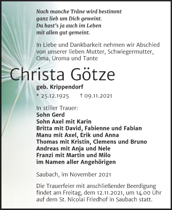 Traueranzeige von Christa Götze von Naumburger Tageblatt