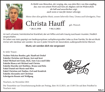 Traueranzeige von Christa Hauff von Trauerkombi Weißenfels
