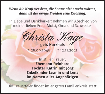 Traueranzeige von Christa Kage von Mitteldeutsche Zeitung Merseburg/Querfurt