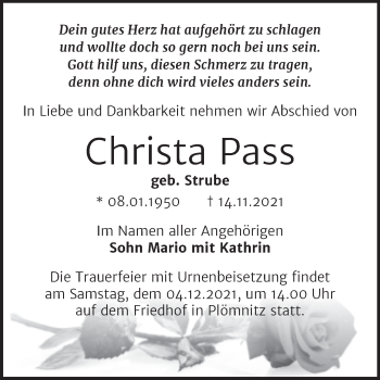 Traueranzeige von Christa Pass von Trauerkombi Bernburg