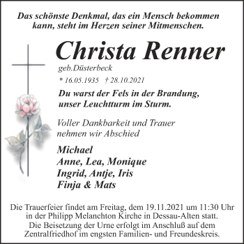 Traueranzeige von Christa Renner von Trauerkombi Dessau