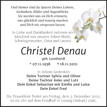 Traueranzeige von Christel Denau von Trauerkombi Wittenberg