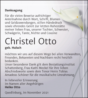 Traueranzeige von Christel Otto von Trauerkombi Quedlinburg
