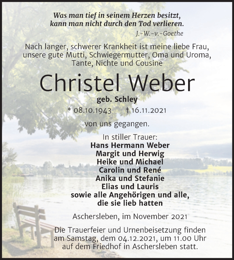  Traueranzeige für Christel Weber vom 20.11.2021 aus Trauerkombi Aschersleben
