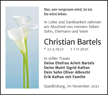 Traueranzeige von Christian Bartels von Trauerkombi Quedlinburg