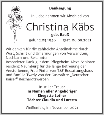 Traueranzeige von Christina Käbs von Trauerkombi Weißenfels