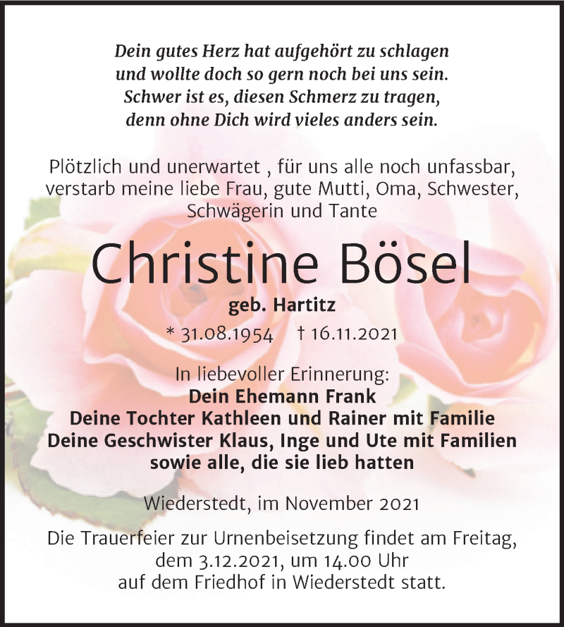  Traueranzeige für Christine Bösel vom 23.11.2021 aus Trauerkombi Mansfelder Land