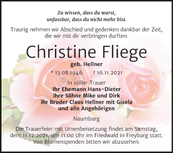 Traueranzeige von Christine Fliege von Wochenspiegel Naumburg/Nebra