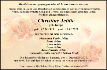 Traueranzeige von Christine Jelitte von Trauerkombi Aschersleben
